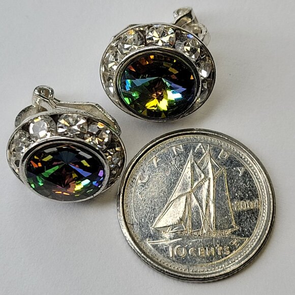 Green Clip On Earrings, Small Round Aurora Color Crystal Tiny ClipOns Earrings - Picture 3 of 4